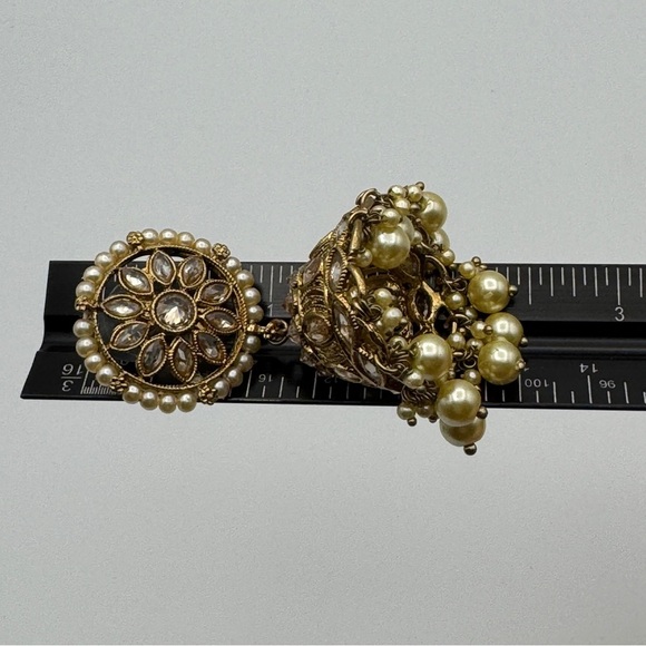 Vintage Gold Tone Jhumka Dangle Earrings 2.5” Faux Pearl Rhinestone Indian Style - Picture 6 of 8